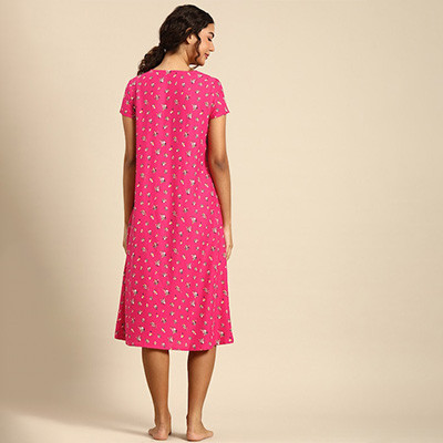 Women Magenta Pink Floral Print Viscose Rayon Regular Nightdress