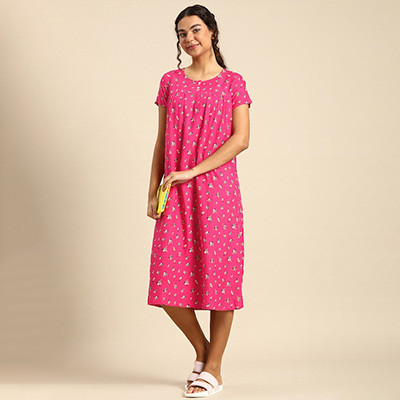 Women Magenta Pink Floral Print Viscose Rayon Regular Nightdress
