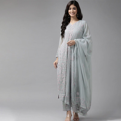 Sustainable Grey & Pink Chikankari Hand Embroidered Unstitched Dress Material