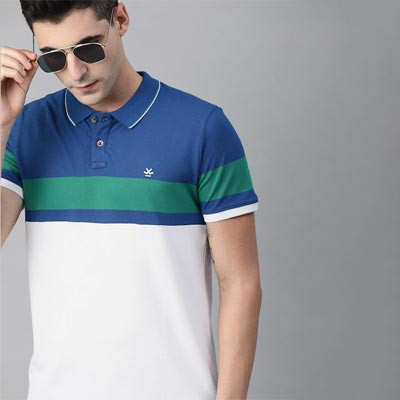 Men White Blue Slim Fit Colourblocked Polo Collar Pure Cotton T-shirt