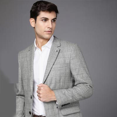 Men Grey Checked Single-Breasted Long Sleeves Formal Blazer