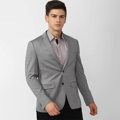 Men Grey Printed Single-Breasted Slim-Fit Formal Blazer