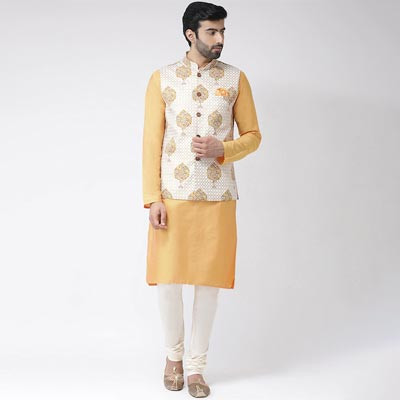 Men Yellow & White Solid Handloom Kurta with Churidar & Nehru Jacket
