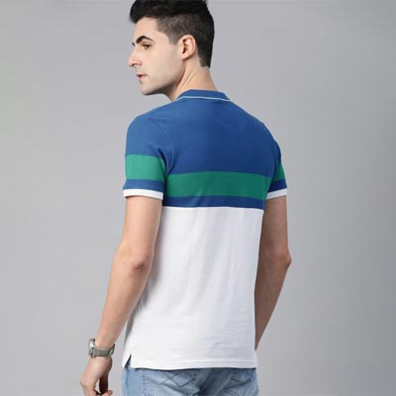 Men White Blue Slim Fit Colourblocked Polo Collar Pure Cotton T-shirt