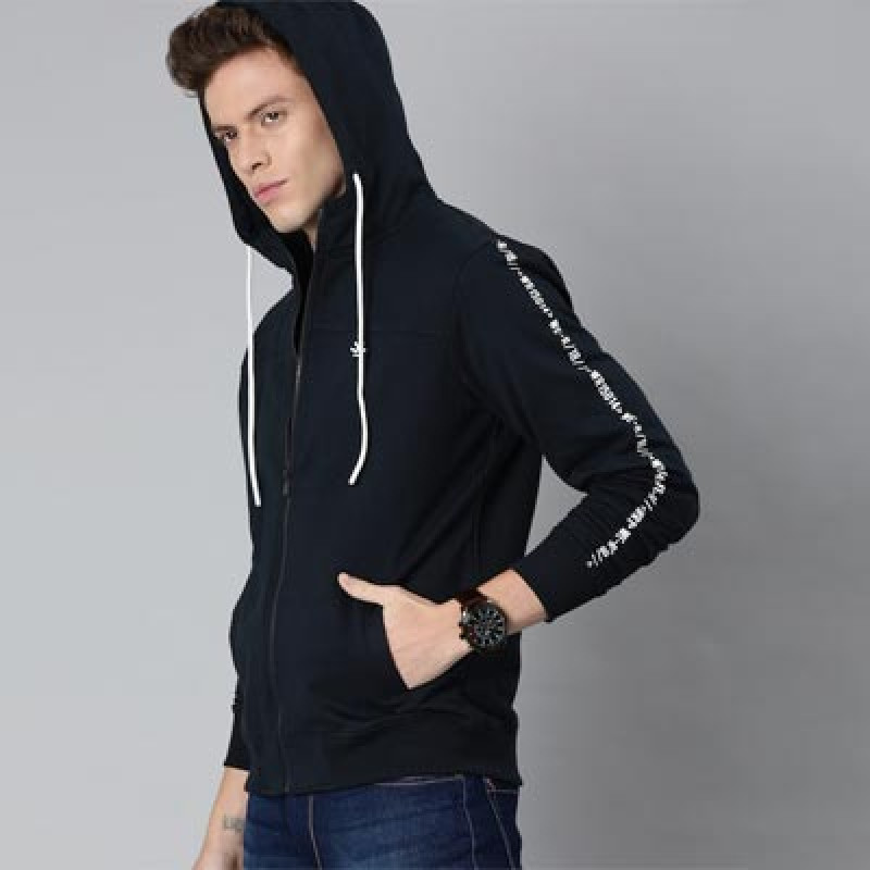 Men Navy Blue & White Solid Hooded Sweatshirt with Side Stripes