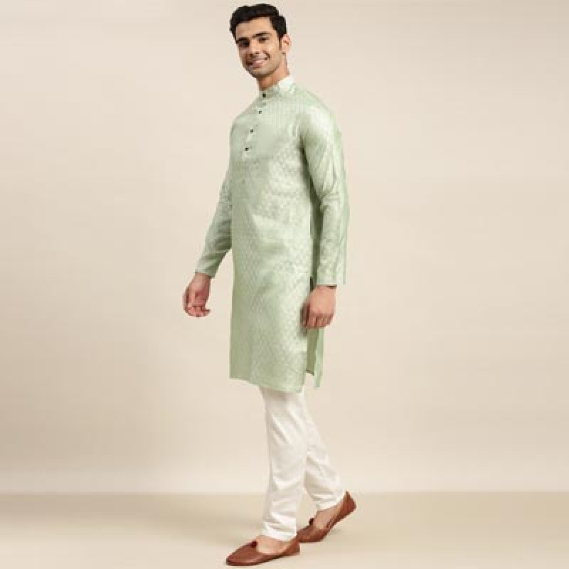 Men Green Ethnic Motifs Woven Design Kurta & Churidar Comes With a Nehru Jacket