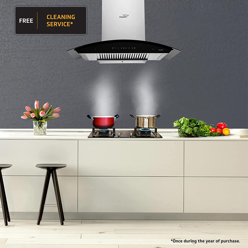 A20 90cm Kitchen Chimney, Intelligent Auto Clean, Curved Glass, Baffle Filter, Motion Sensor Controls, Oil Collector Tray, LED Light