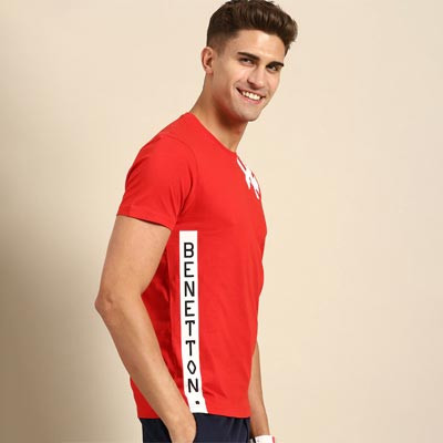 Men Red & White Brand Logo Printed Pure Cotton T-shirt