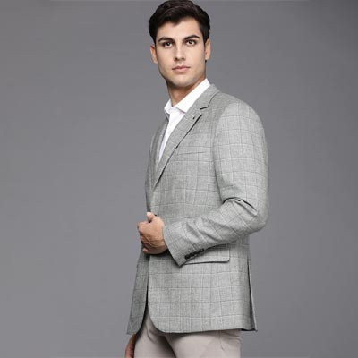 Men Grey Checked Single-Breasted Long Sleeves Formal Blazer