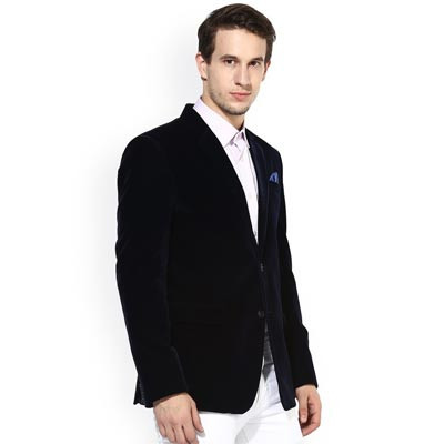 Men Navy Blue Solid Single Breasted Party Blazer