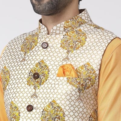 Men Yellow & White Solid Handloom Kurta with Churidar & Nehru Jacket