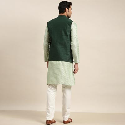 Men Green Ethnic Motifs Woven Design Kurta & Churidar Comes With a Nehru Jacket