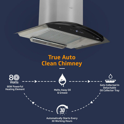 A20 90cm Kitchen Chimney, Intelligent Auto Clean, Curved Glass, Baffle Filter, Motion Sensor Controls, Oil Collector Tray, LED Light