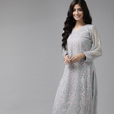 Sustainable Grey & Pink Chikankari Hand Embroidered Unstitched Dress Material