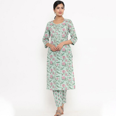 Women Green Floral Yoke Design Pleated Sequinned Pure Cotton Kurti with Salwar & With Dupatta