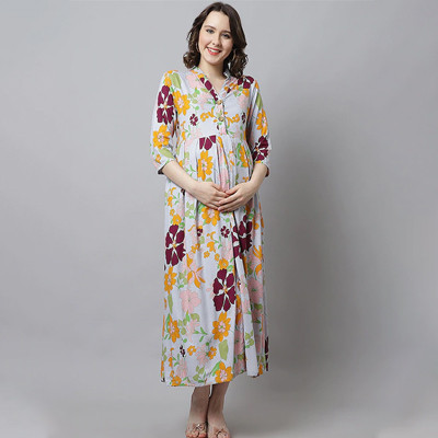 Women Grey & Maroon Floral Maternity Empire Midi Dress