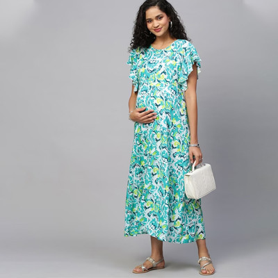 Green & White Ethnic Motifs Maternity Maxi Maxi Dress