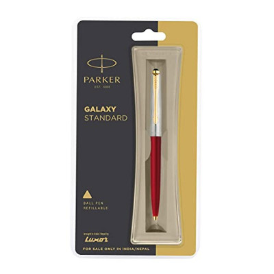 Parker Galaxy Stainless Steel Gold Trim Ball Pen - Red Body