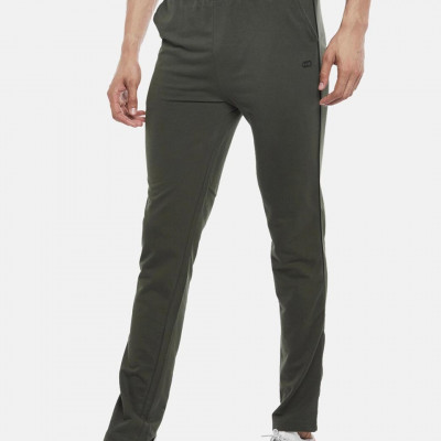 Men Olive-Green Solid Pure Cotton Slim-Fit Track Pants