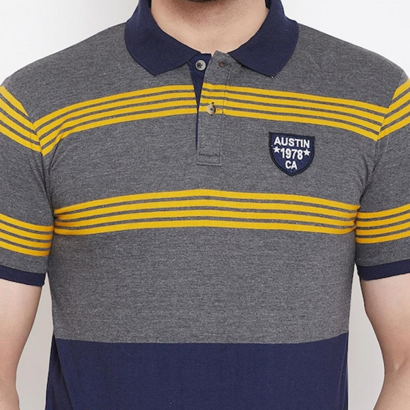 Men Grey Striped Polo Collar T-shirt