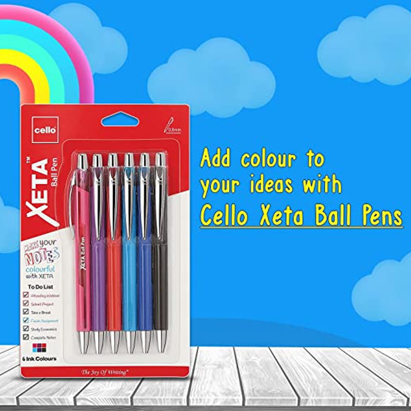 Cello Xeta Ball Pen |Pack of 6 |Ball Pens Multicolour | Ball Pens Set for Students | Pens for Project Use | Ball Pens for Writing Pens