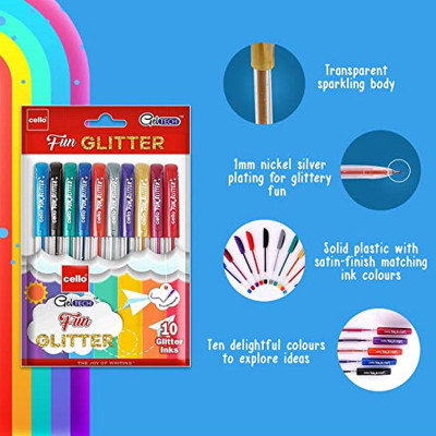 Cello Geltech Fun Glitter Gel Pen | Pack of 10 | Glitter gel pens for art lovers and kids| Glitter pen set | Drawing Pen Set | Ideal for art and craft