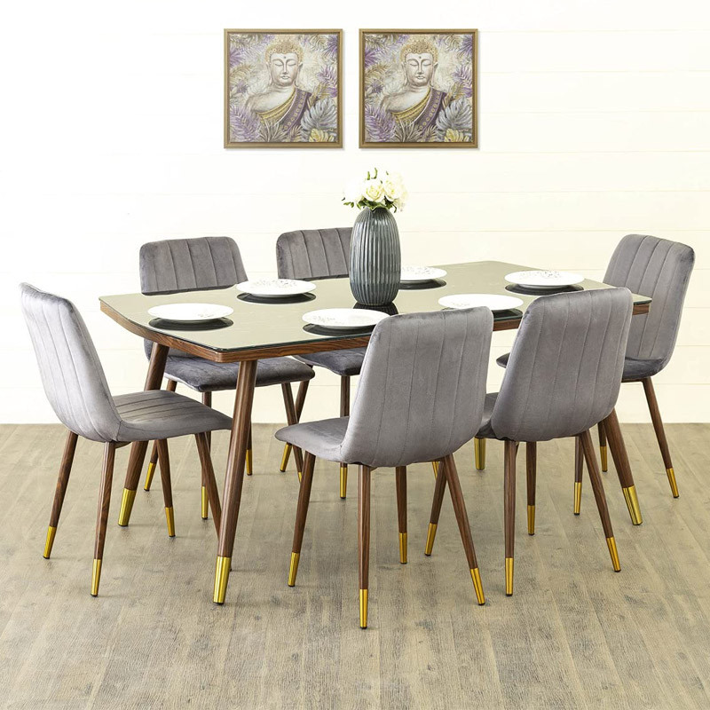 Noir Novelty Grey Glass Dining Table Set with 6 Chairs
