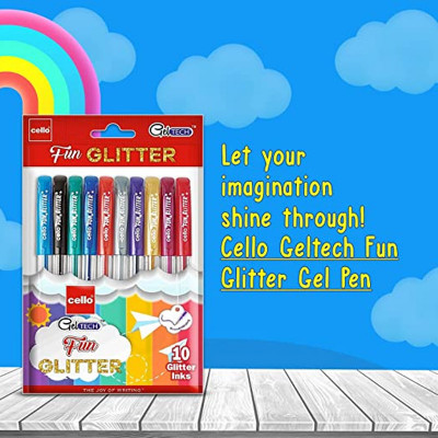 Cello Geltech Fun Glitter Gel Pen | Pack of 10 | Glitter gel pens for art lovers and kids| Glitter pen set | Drawing Pen Set | Ideal for art and craft