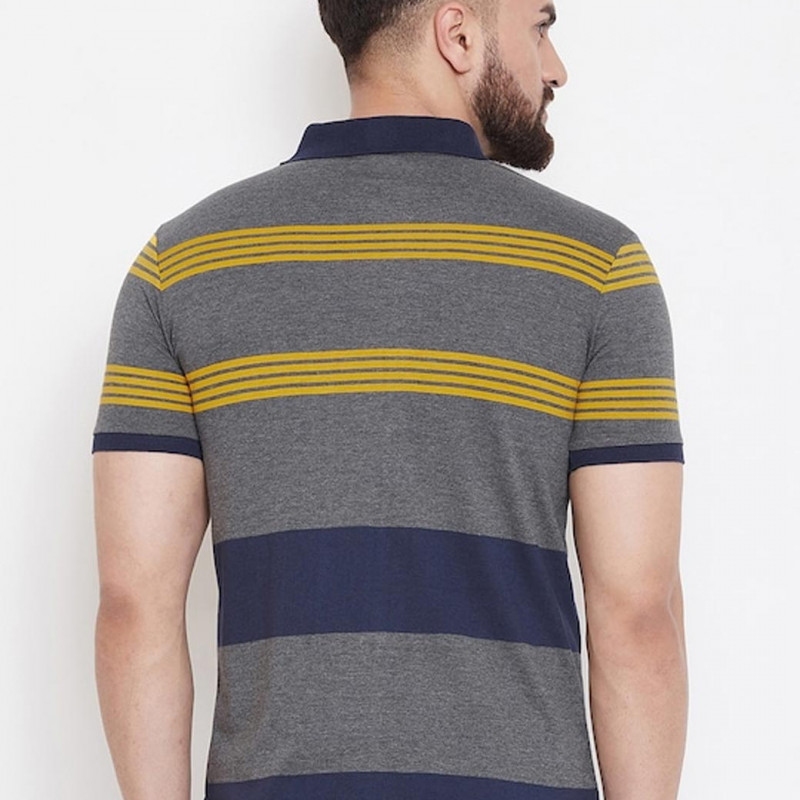 Men Grey Striped Polo Collar T-shirt
